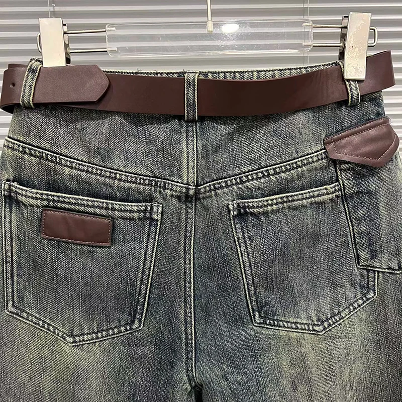 KBQ موضة نمط تقسم أحزمة فضفاضة شيك السراويل للنساء عالية الخصر المرقعة جيوب شيك بنطلون أنثى الاسلوب المناسب الشتاء