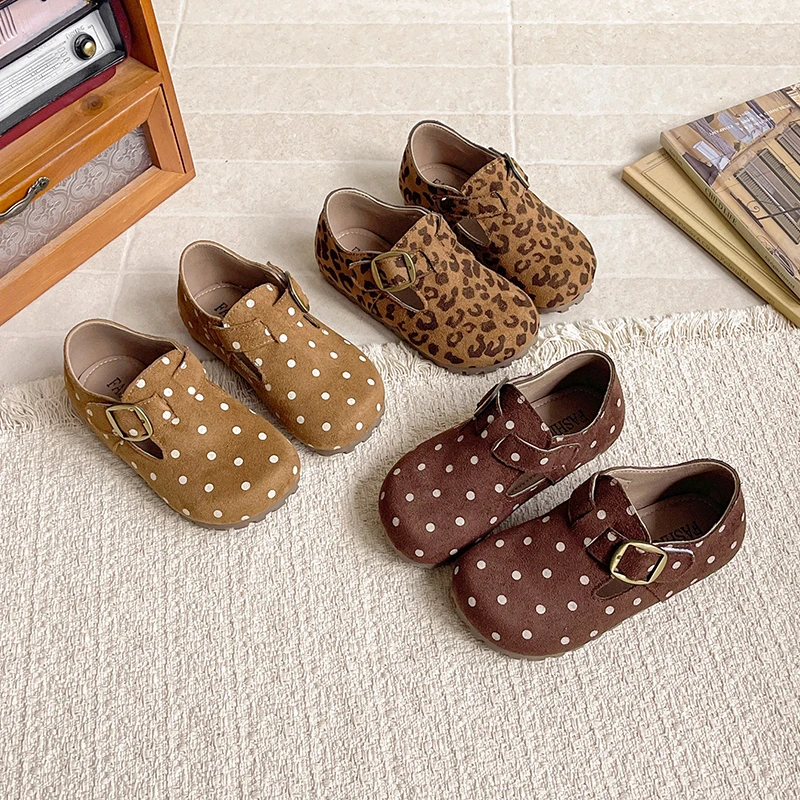 Toddler Girls Polka Dot Leather Shoes 2026 New Autumn Kids Animal Print Loafers Soft Sole Simple Comfort School Outdoor Footwear
