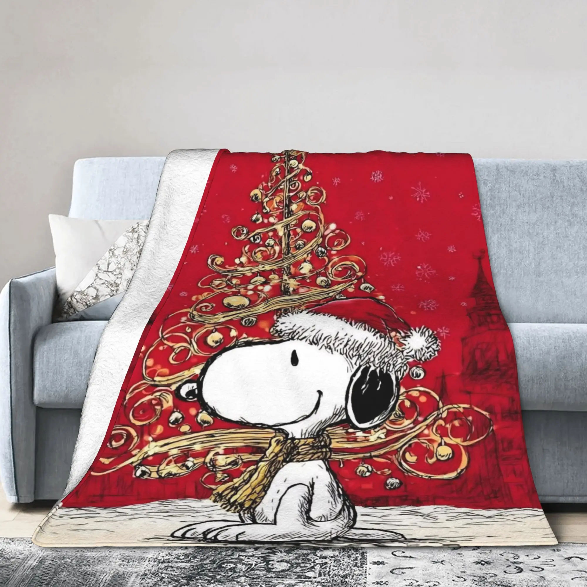S-Snoopys Xmas Christmas Tree Blankets Flannel  Super Warm Throw Blanket for Bedding Couch Bedspread