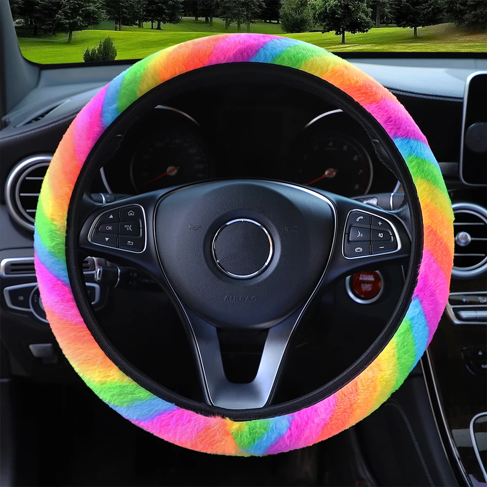 Winter Warm Women's Hand Colored Striped Plush Steering Wheel Cover 14.5-15 Inch Car Interior Accessory Rimless