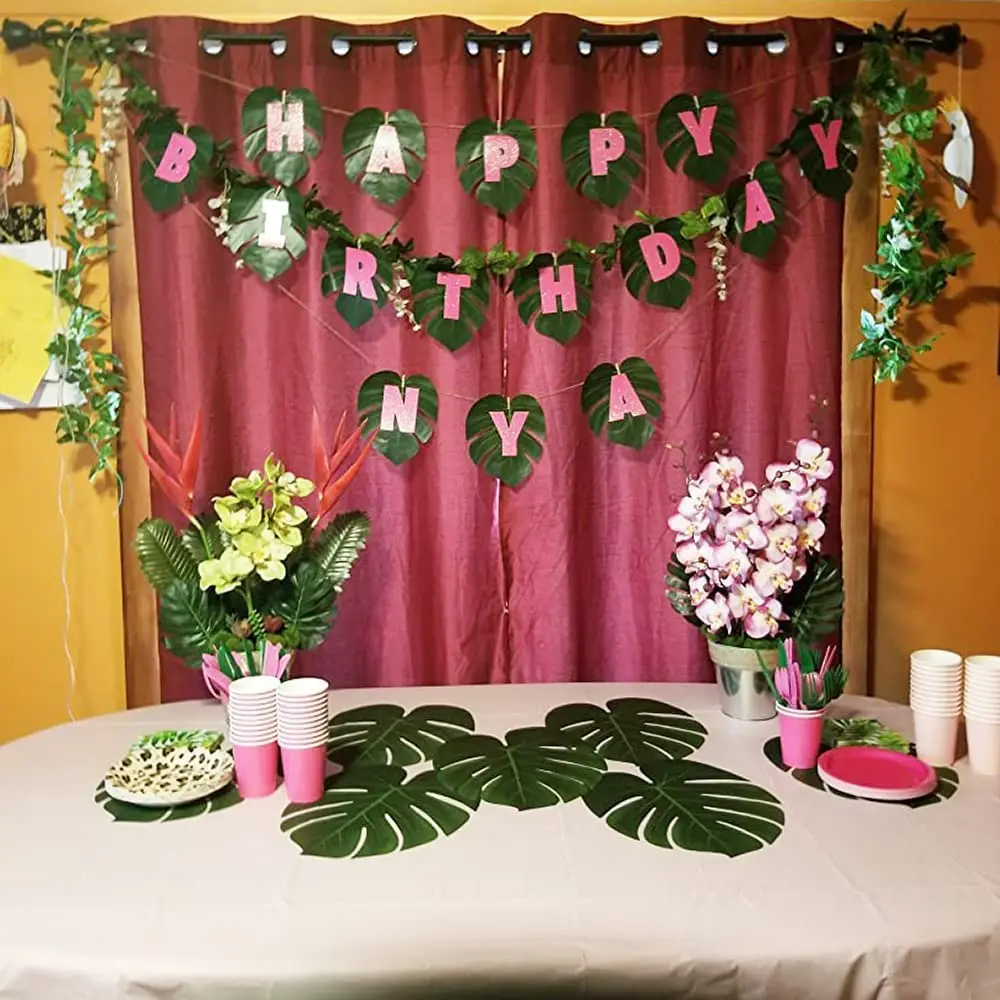 Yannew Künstliche Monstera Tropische große Palmblätter für Dschungel-Safari-Geburtstagsparty-Dekoration Hawaii Luau Mottoparty-Pflanzen – Detail 10