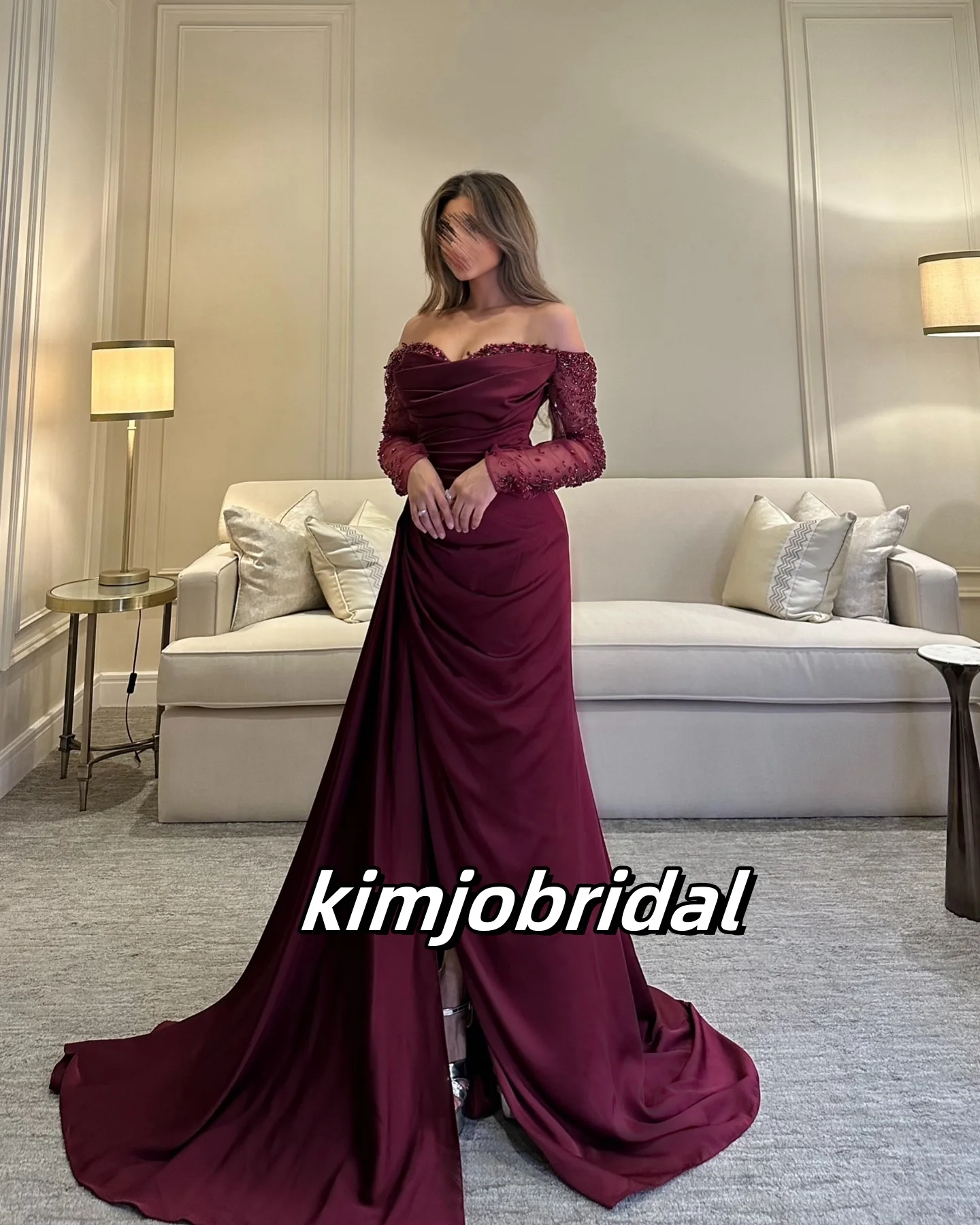 Burgundy Long Sleeve Off the Shoulder Prom Dresses Long for Women 2025 Lace Pleated Side Slit Formal Evening Gowns