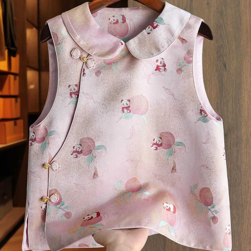 Elegant Women Casual Jacket Jacquard Print Panda Coat Lapel Sleeveless Chinese Style Clothes Vintage Button Blouse Shirts