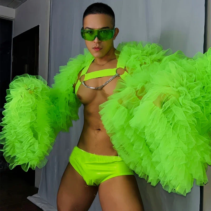 Bar club nocturno DS DJ Gogo disfraz de bailarina hombres verde fluorescente mangas esponjosas abrigo pantalones cortos escenario Sexy traje de baile en barra XS7169
