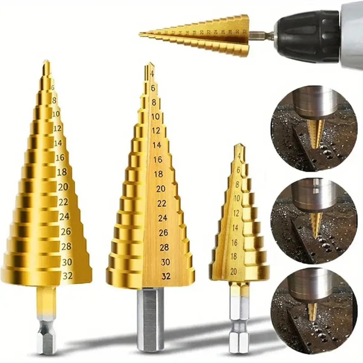 Metric Step Drill Set,3Pcs High-Speed Steel Shank  Step Drill Bits  Sheet Metal Hole Drilling 4-12mm/4-20mm/4-32mm