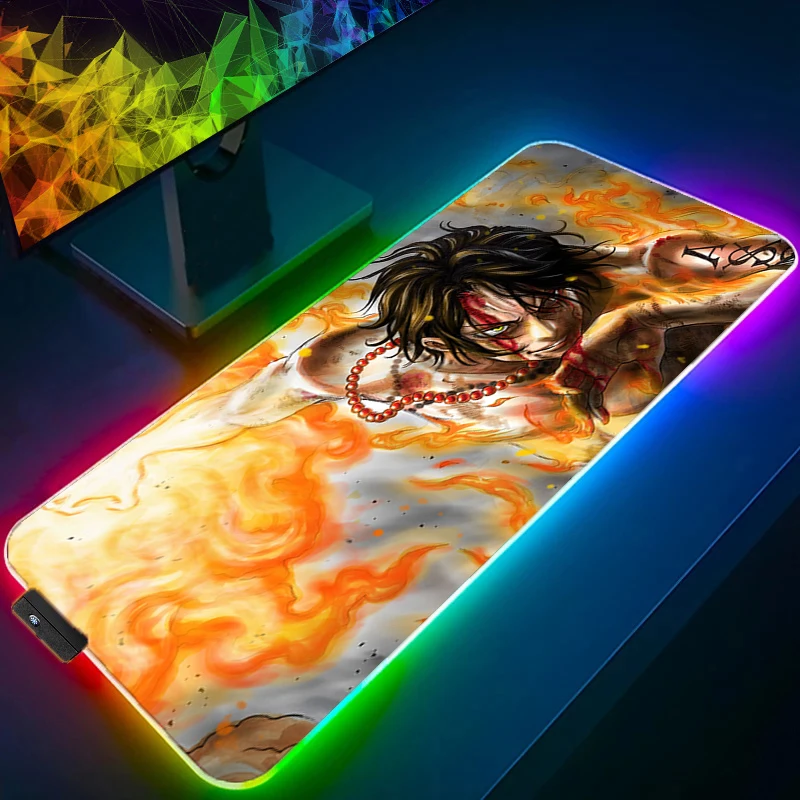 

RGB Mouse Pad one piece Portgas D Ace Larger XXL Backlight Speed Pc Computer Keyboard LED Desk Mat Gaming Accessories Mousepad