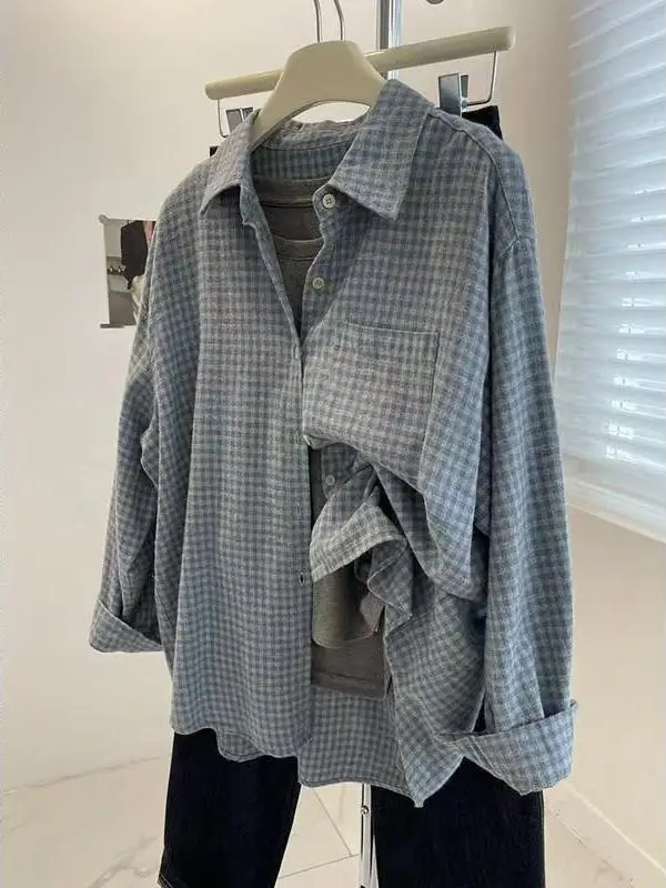 Retro Waed Brued Thiened Blue Plaid irt Jaet Women Winter Loose Casual Outerwear Trendy Layered Top Breathable