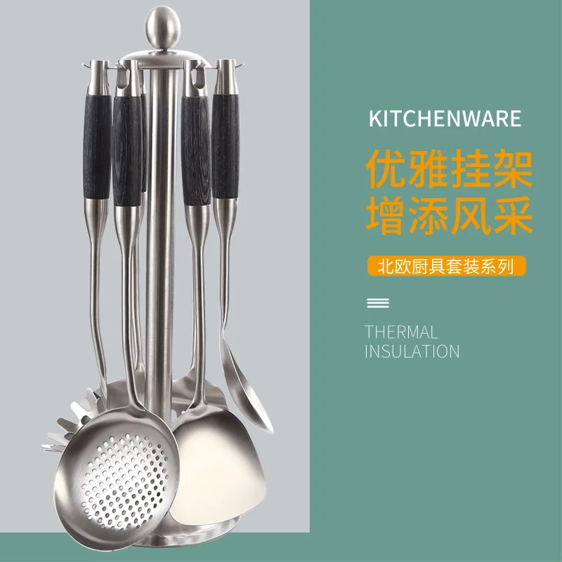304 Stainless Steel Cooking Utensil Set Featuring Black Wood Handles Heat Resistant Non Slip Ergonomic Design For Stir Frying So