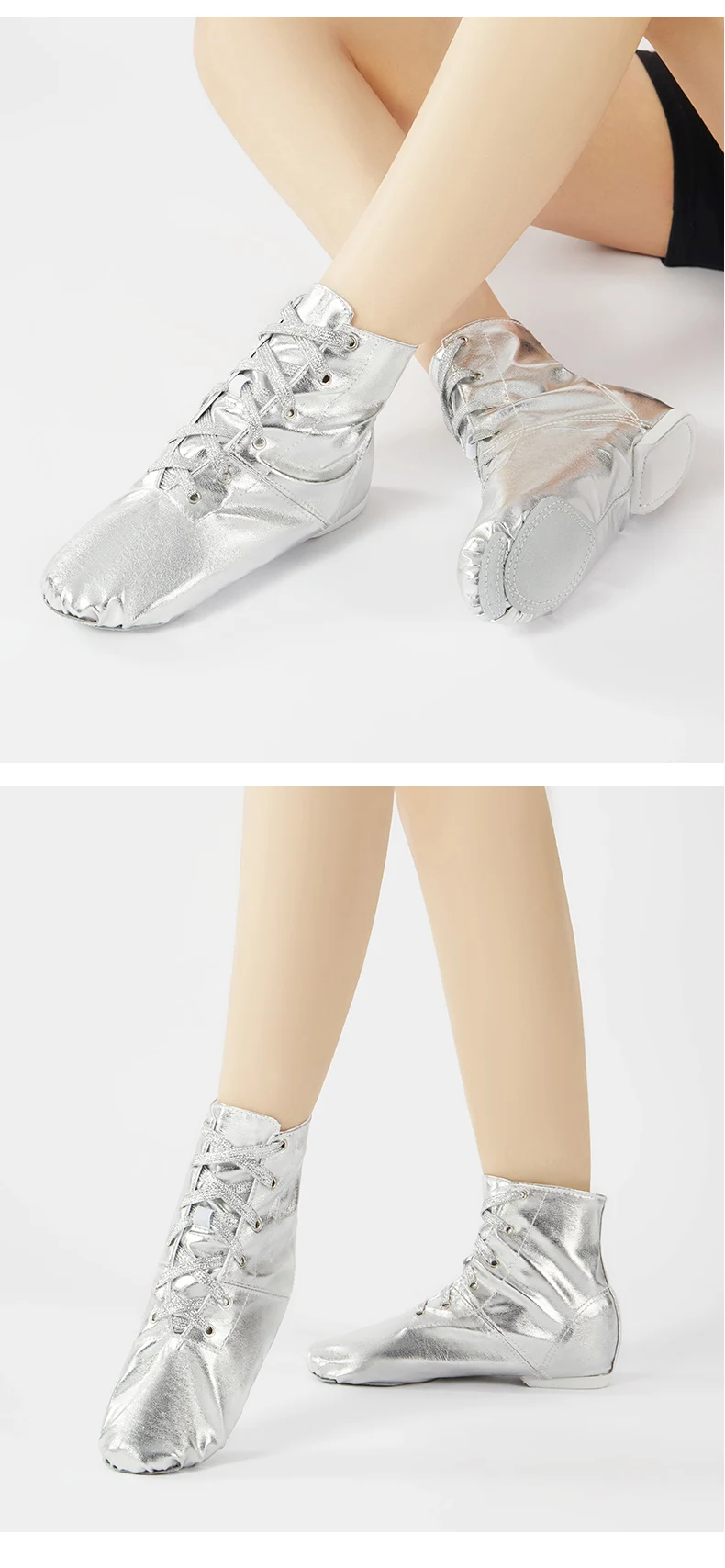 Tanzschuhe, Erwachsenen- und Kinder-Jazz-Tanzstiefel aus PU-Leder, Gold und Silber Schnürschuhe mit Weicher Sohle – Detail 7