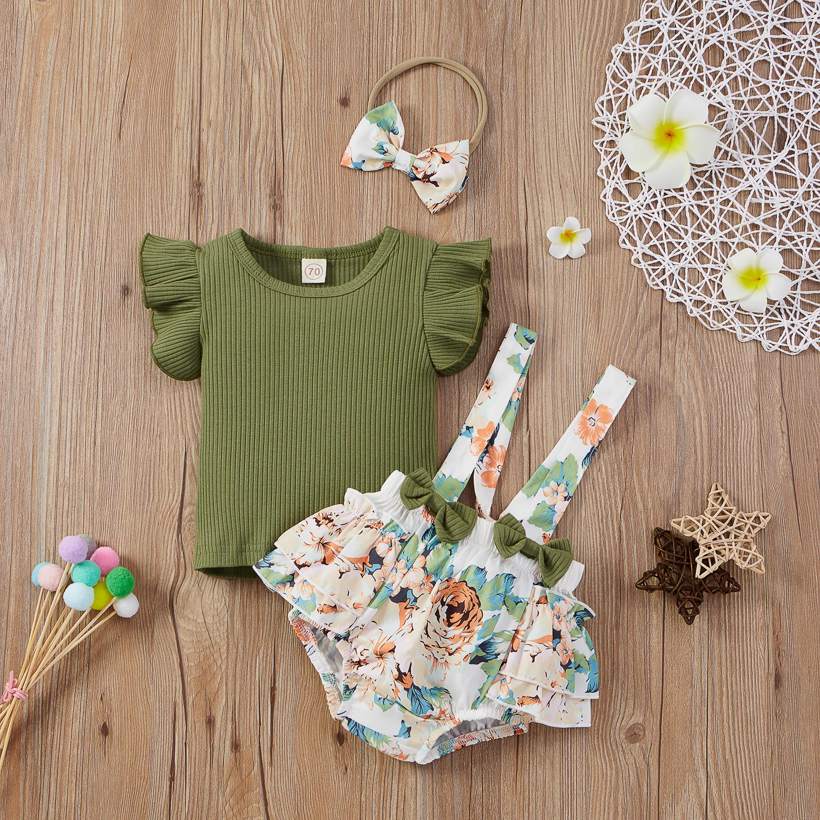 3PCS summer burst cute sweet wind baby girl flying sleeve jumpsuit floral strap triangle climbing set