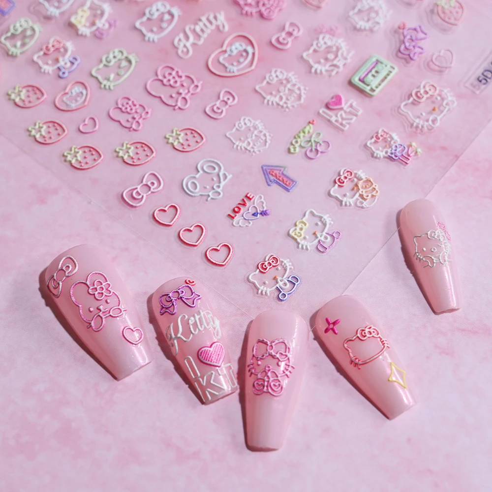 1 pièces 5D dessin animé bronzage Hello Kitty autocollant pour ongles Kawaii Hawaii mignon noir Hello Kitty autocollant pour ongles Kitty manucure curseur Art décor