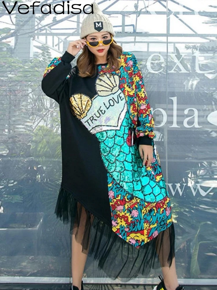 Women Long Sleeves Dress Loose Letter Printing Mermaids Pattern Splicing Lace Irregular Dress 2025 Spring Autumn LHX1022