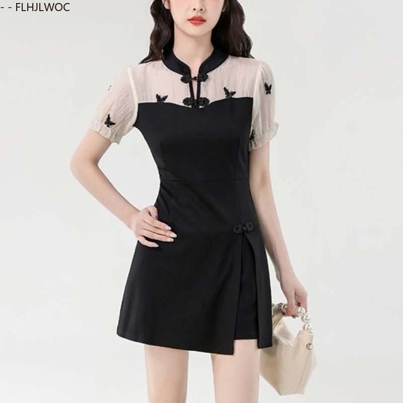 Two Piece Set Oufits Fashion Women 2025 Summer Short Sleeve Retro Vintage Slim Fitted Little Black Stand Collar Short And Dress