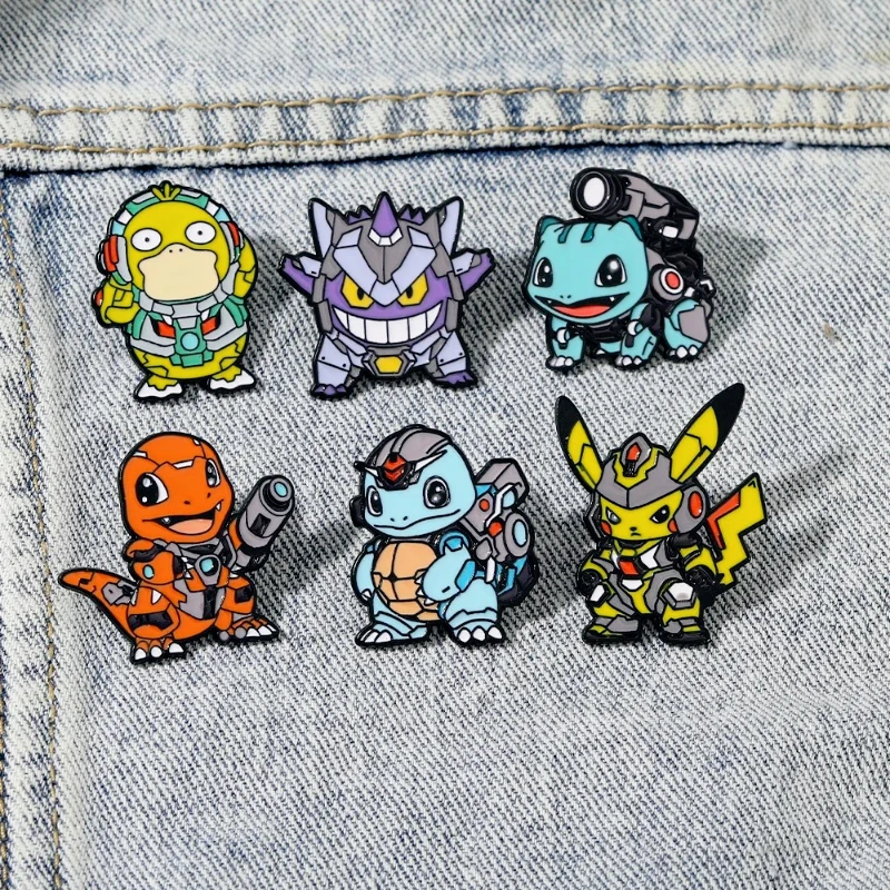 6pcs Set Anime Pokemon Enamel Pins - Pikachu Squirtle Gengar Funny Cosplay Brooches Cartoon Badges Lapel Pin Collection for Fans
