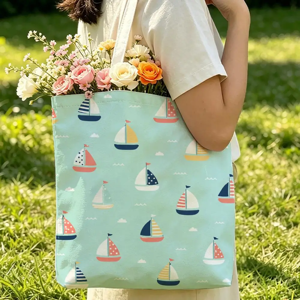 Drifting Small Boat Storage Bags Canvas Double-Sided Print Women Large Tote Bag Durable Beach Picnic Foldable Gift Eco