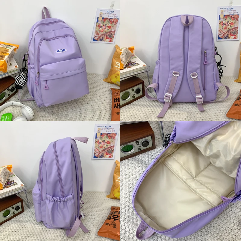 New Solid Color Waterproof Backpack Young Girls Korean Style Kawaii School Bag Shoulder Bag High School Students Nylon Backpacks