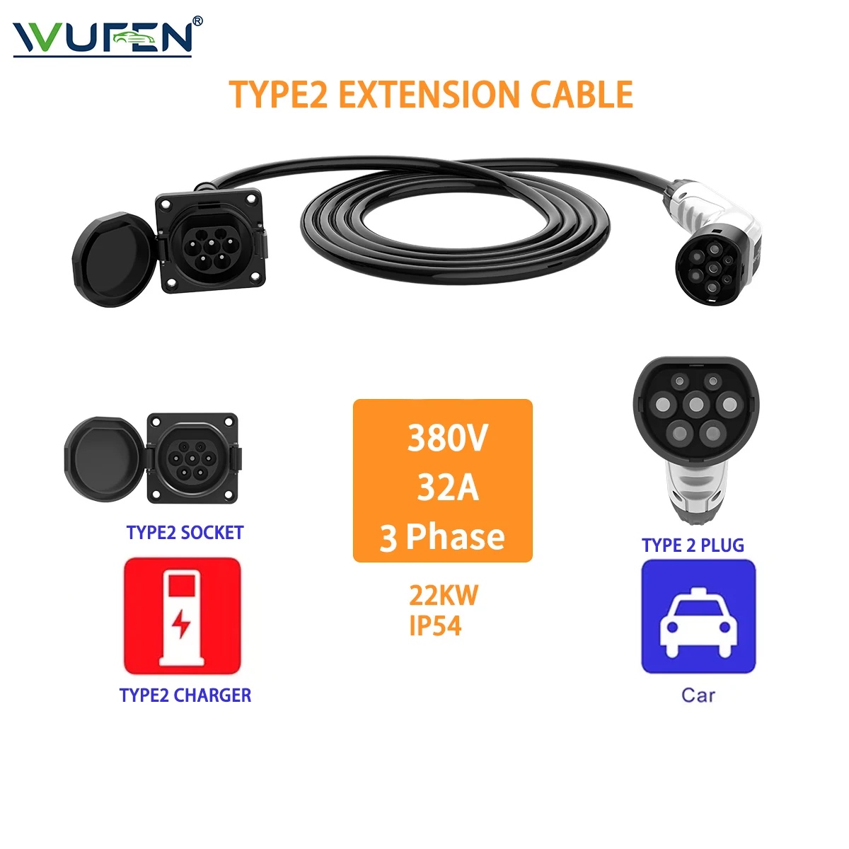 WUFEN Type 2 Extension Cable 3.5KW 7KW 11kW 22kW for Portable Charger Wallbox Charging Station Charger with Type 2 Charging Plug