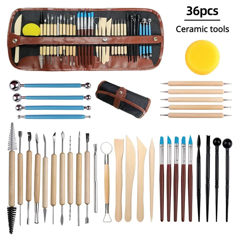 36Pcs DIY Art Ceramic Tools Set Dot Drill Pen Soft Clay Engraving Knife Painting Texture Pen Craft Ball Stick Polymer Clay Tool