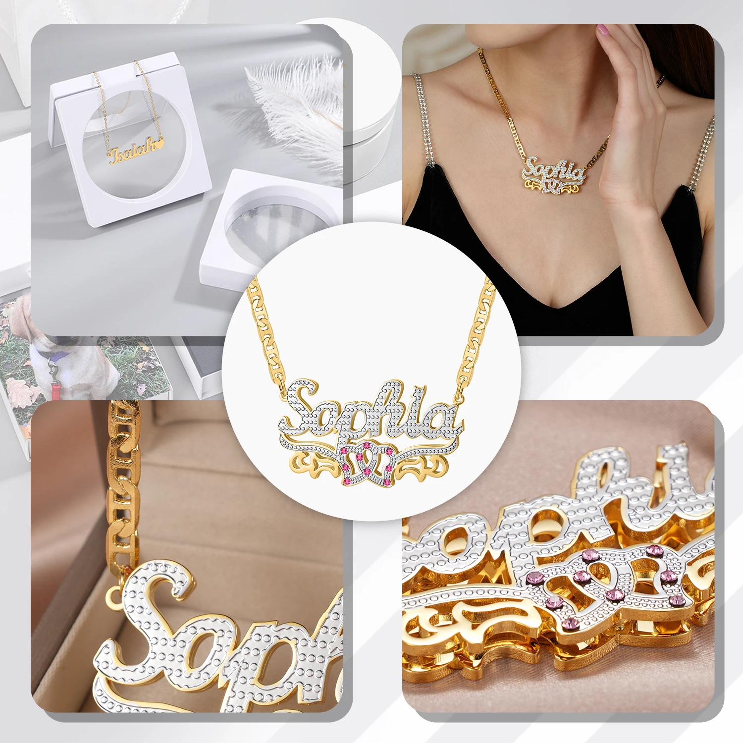 

Personalized Double Layer Birthstone Nameplate Name Necklace Custom 3D 18K Gold Plated Double Pendant Two-Tone Chain For Women