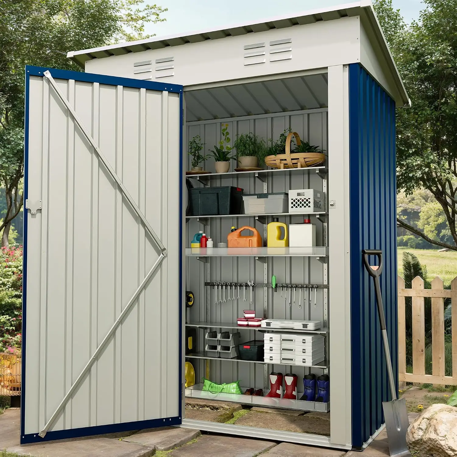 5×3FT Storage Shed，67CU.FT Tool Shed with Sloping Roof and Lockable Door, Compact Metal Tool Garden Shed for Garden, Backyard, P