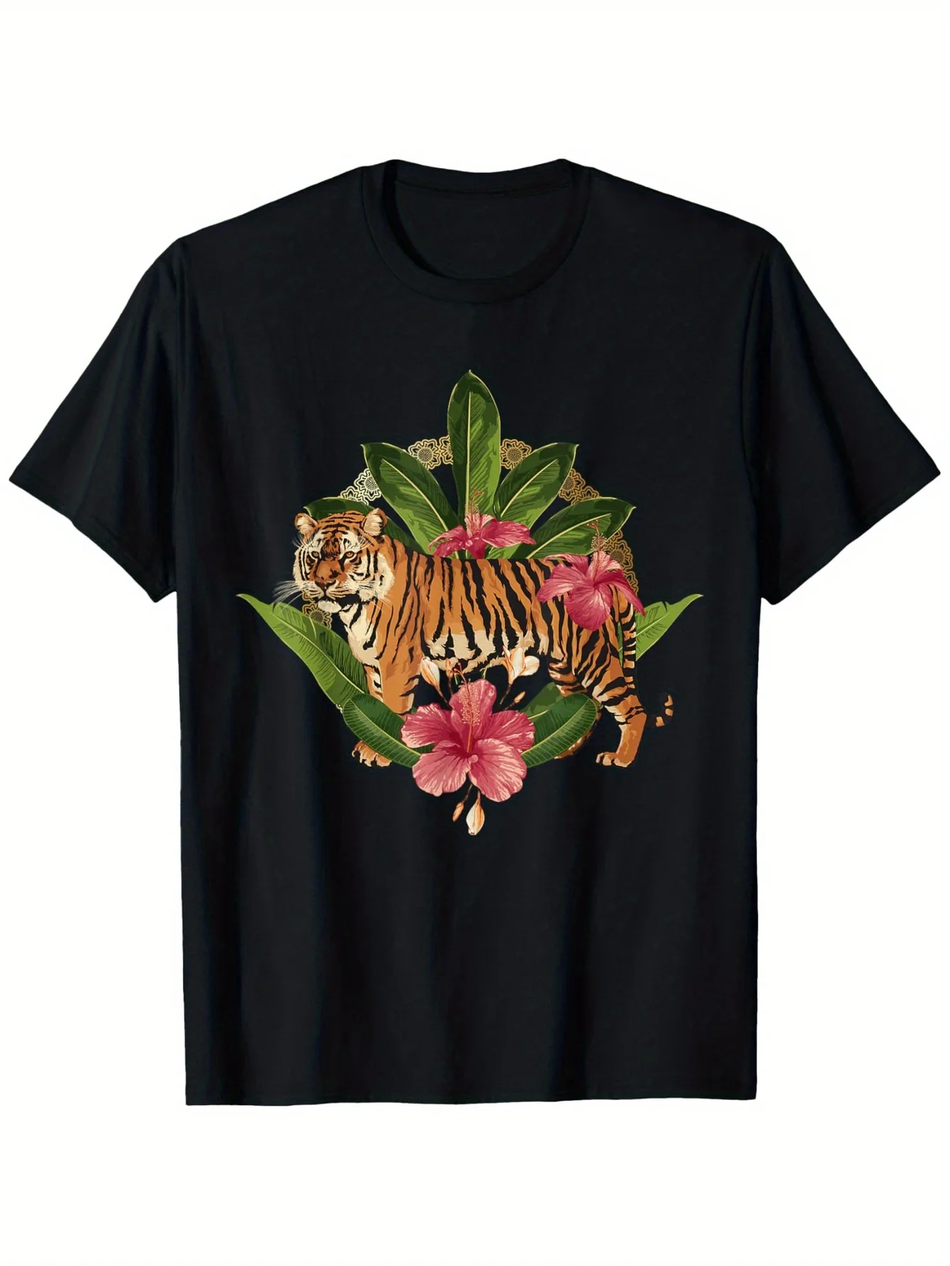 T-shirt en coton épais 100 % avec imprimé Hibiscus rose – T-shirt à manches courtes et col rond doux et respirant, motif floral inspiré