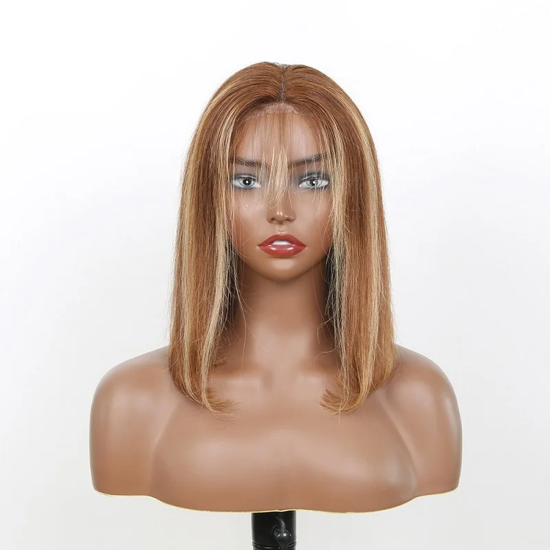 Bob corto 6x4 resaltado recto Ombre marrón pelucas sin pegamento cabello humano prearrancado precortado HD cierre de encaje pelucas sin pegamento