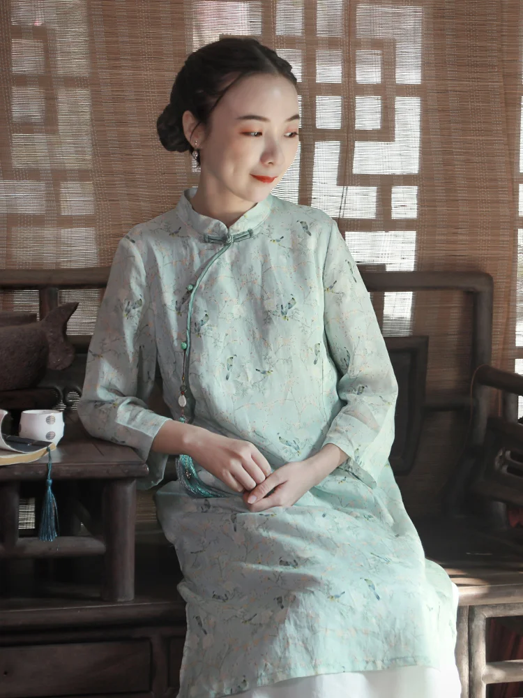 

Artistic Retro Improved Dr Women's Summer New Floral Cotton Linen Slimming Republic Sle Midi Length ...