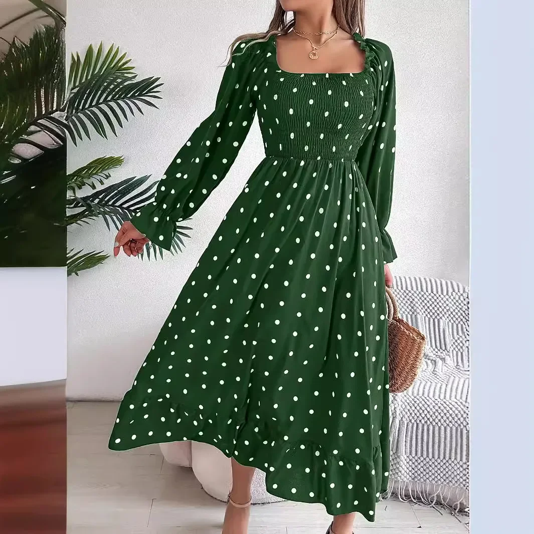 Slim-fit Wooden Ear Edge Square Collar Polka Dot Dress, Women's Autumn and Winter New Fashion Print Casual Long-sleeve Dress