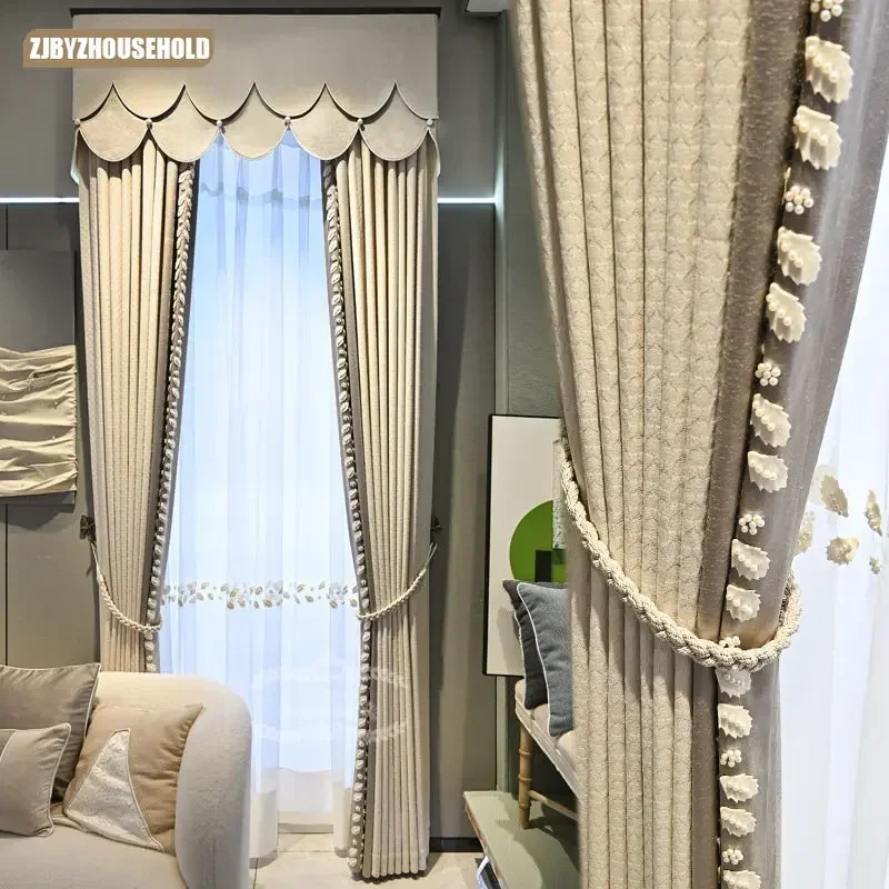 

New French Cream-colored Curtains for Living Dining Room Bedroom Modern Simple Blackout Girls Yarn Curtains Factory Price Fabric