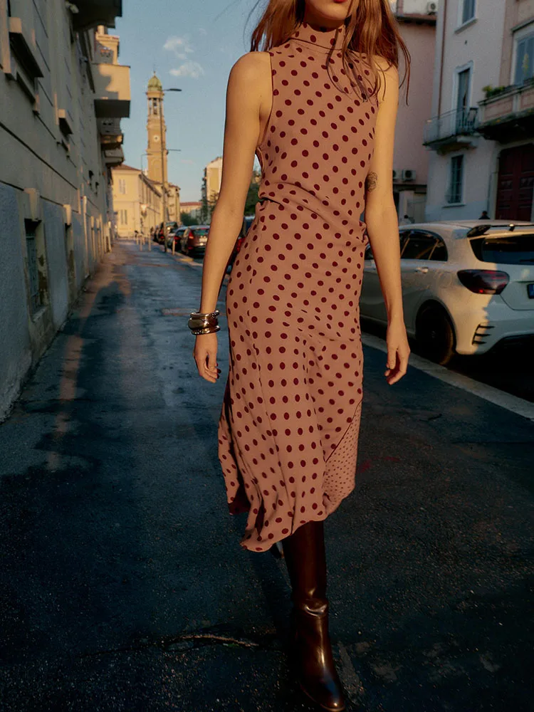 Invierno 2025 nueva mujer Faion cuello alto Svel lunares Bowknot Midi Dr Ele vestido de baile Sle patrón redondo