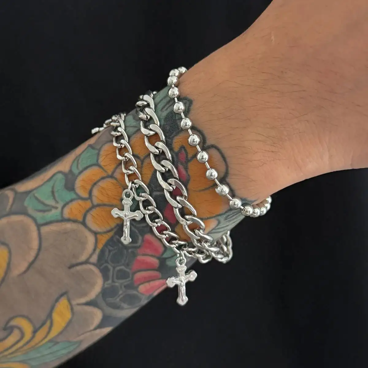 

Lacteo 3 Pcs/Set Hip Hop Punk Silver Color Metal Chain Bracelet Trendy Minimalism Cross Pendant Bangle Jewelry Accessories Gift