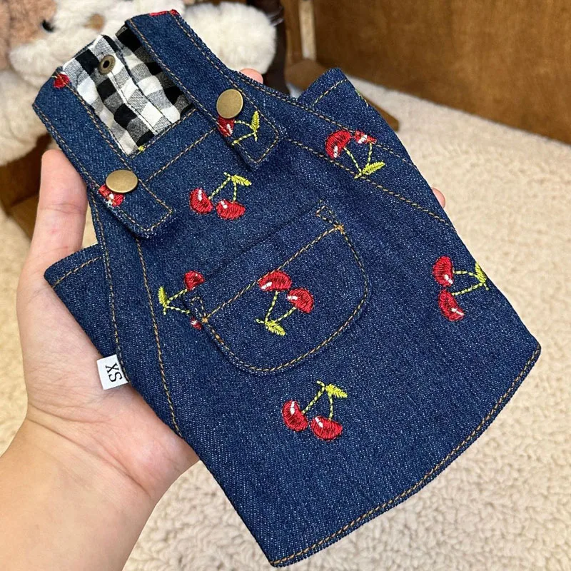 Blue Denim Dog Dress Cherry Pattern Dog Clothes Cowboy Strap Skirt Puppy Coat Dresses For Small Dogs Chihuahua Pet Apparel XS-XL