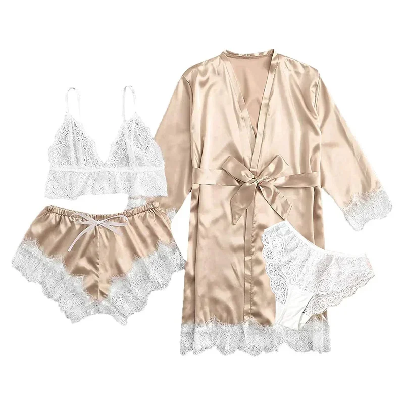 Women Silk Lace Robe Dress Babydoll Nightdress Sleepwear Kimono 4 Pcs Pajiamas Set Women Fashion Sexy Lingerie