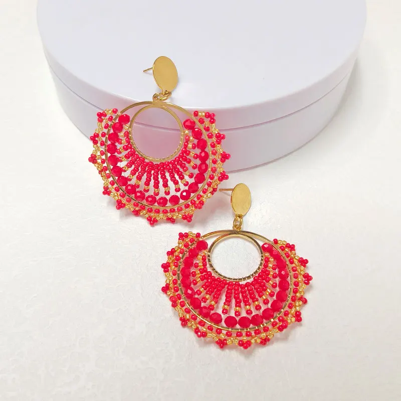 Rice bead earrings Double-deck Red. Circle Crystal Hollow out Originality Hand knitting Bohemia Fashion Simple Beaded earrings