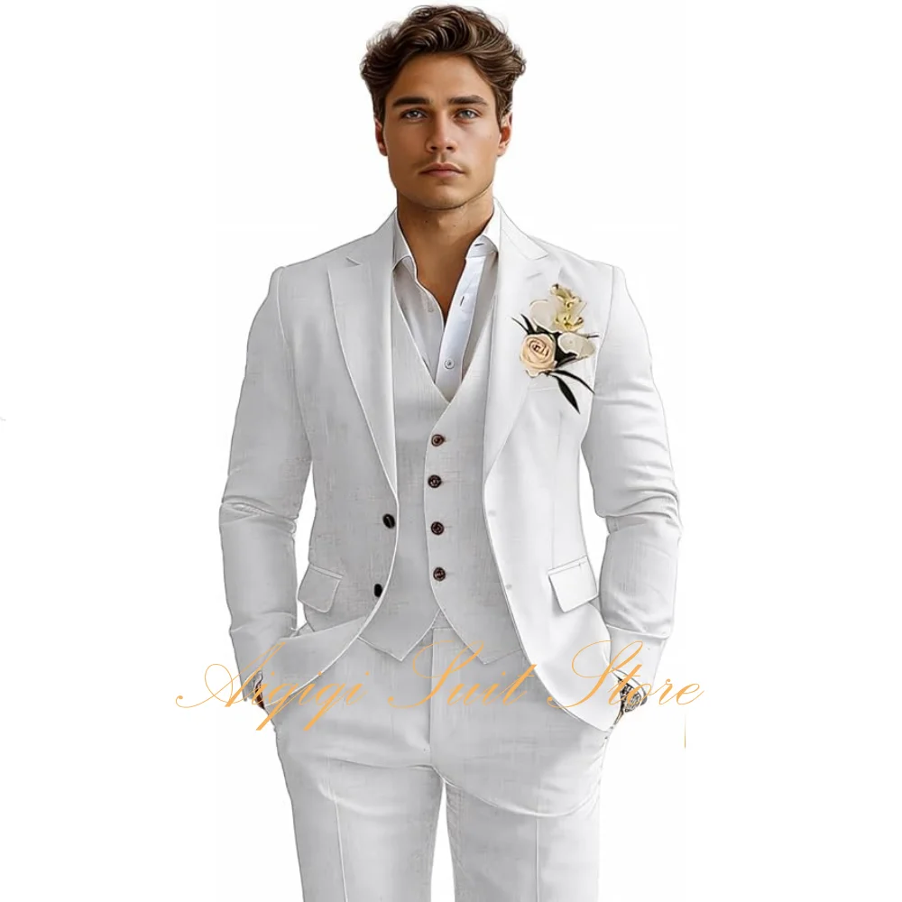 Linen Men's Suits 3 Piece Slim Fit Tuxedo Suit for Men Beach Wedding Formal Business Suit Groom Prom Set Outfits