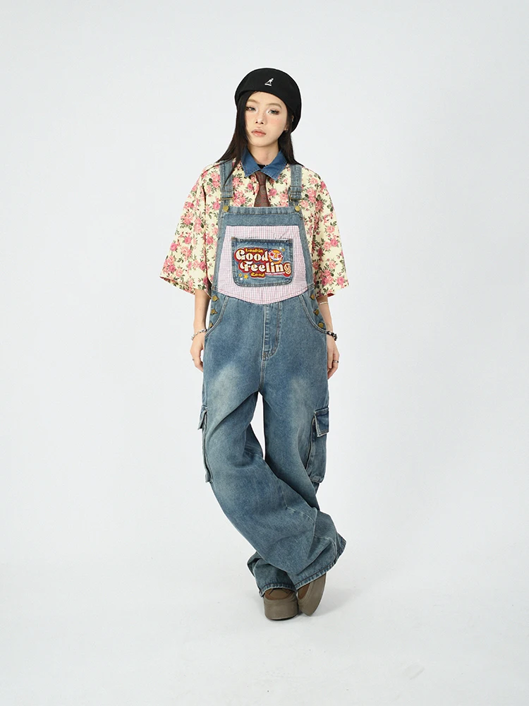 

OV Original American Retro Patchwork Embroidered Washed Denim Overalls Loose Wide Leg Jeans Natural Waist for Men And Women