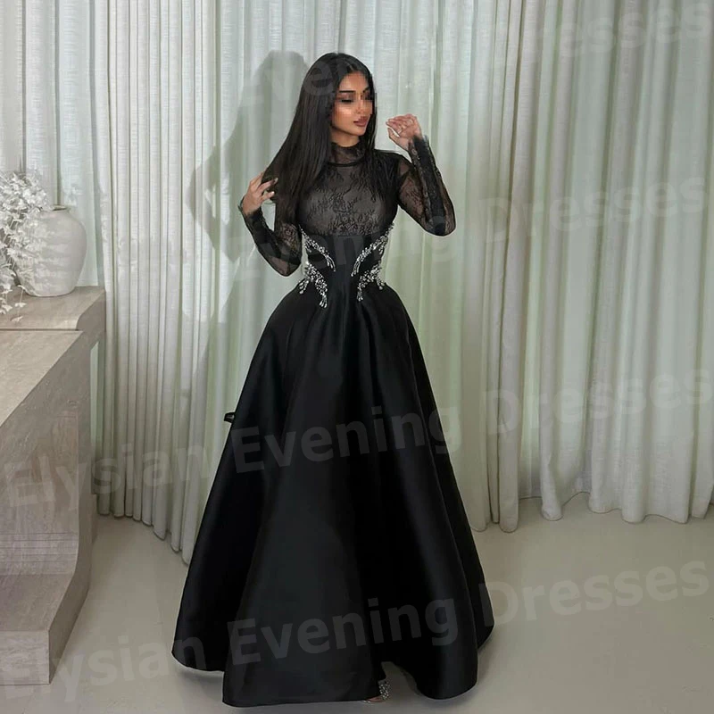2025, schöne schwarze Damen-Abendkleider in A-Linie, Spitze, Perlen, individuelle Ballkleider, lange Ärmel, Vestidos De Fiesta Elegantes