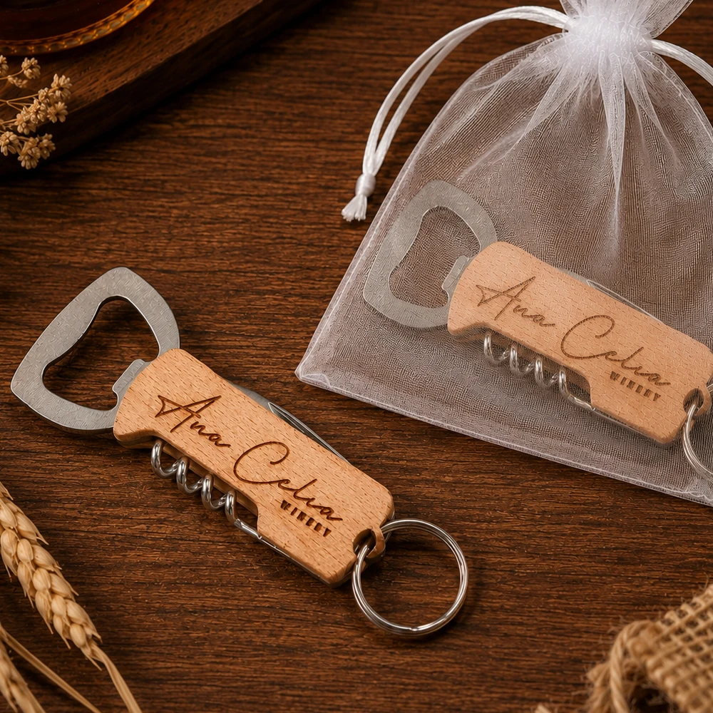 60pcs Personalized Beer/Wine Bottle Opener Custom Engraved Wooden Bottle Opener Keychain ,Multifunctional Bottle Opener Keychain