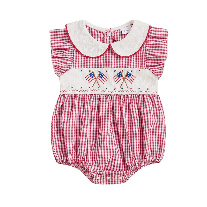 

Baby Girls Independence Day Romper Flying Sleeve Doll Collar Flag Embroidery Plaid Jumpsuit