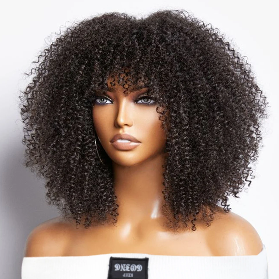 Pelucas Afro rizadas cortas con flequillo para mujeres negras, cabello humano, peluca rizada Afro, resaltado, sin pegamento, peluca completa a