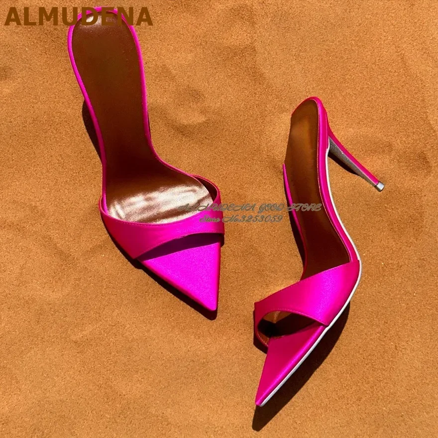 

ALMUDENA Hot Pink Turquoise Satin Stiletto Heel Modern Slippers Blue Denim Slip-On Sandals Pointed Toe Silk Cloth Wedding Shoes
