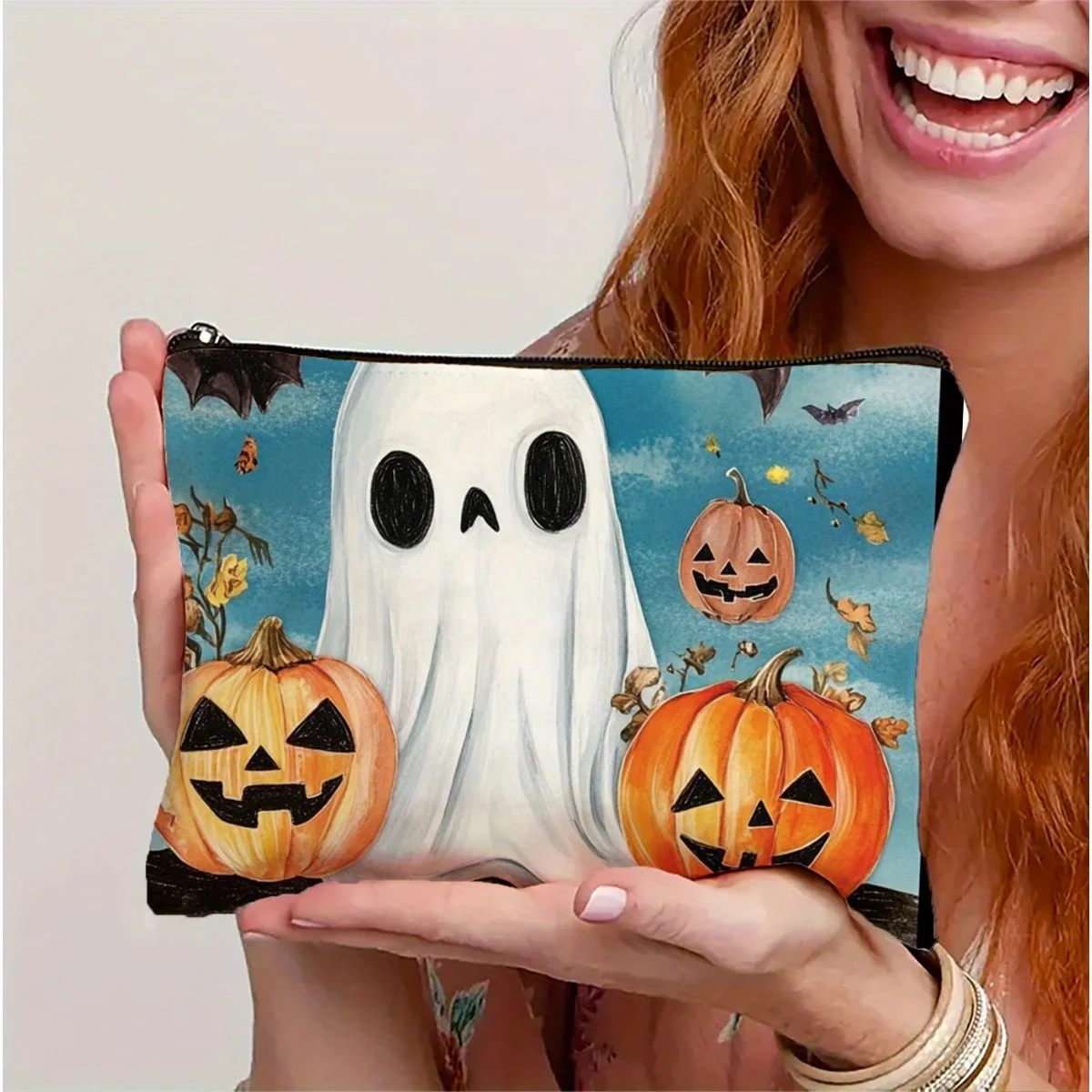 Eine Make-up-Tasche mit Halloween-Geist-Kürbis-Muster – multifunktionale Reißverschlusstasche, Schmuckaufbewahrungstasche, perfekter Reise-Reißverschluss, kleiner Sto