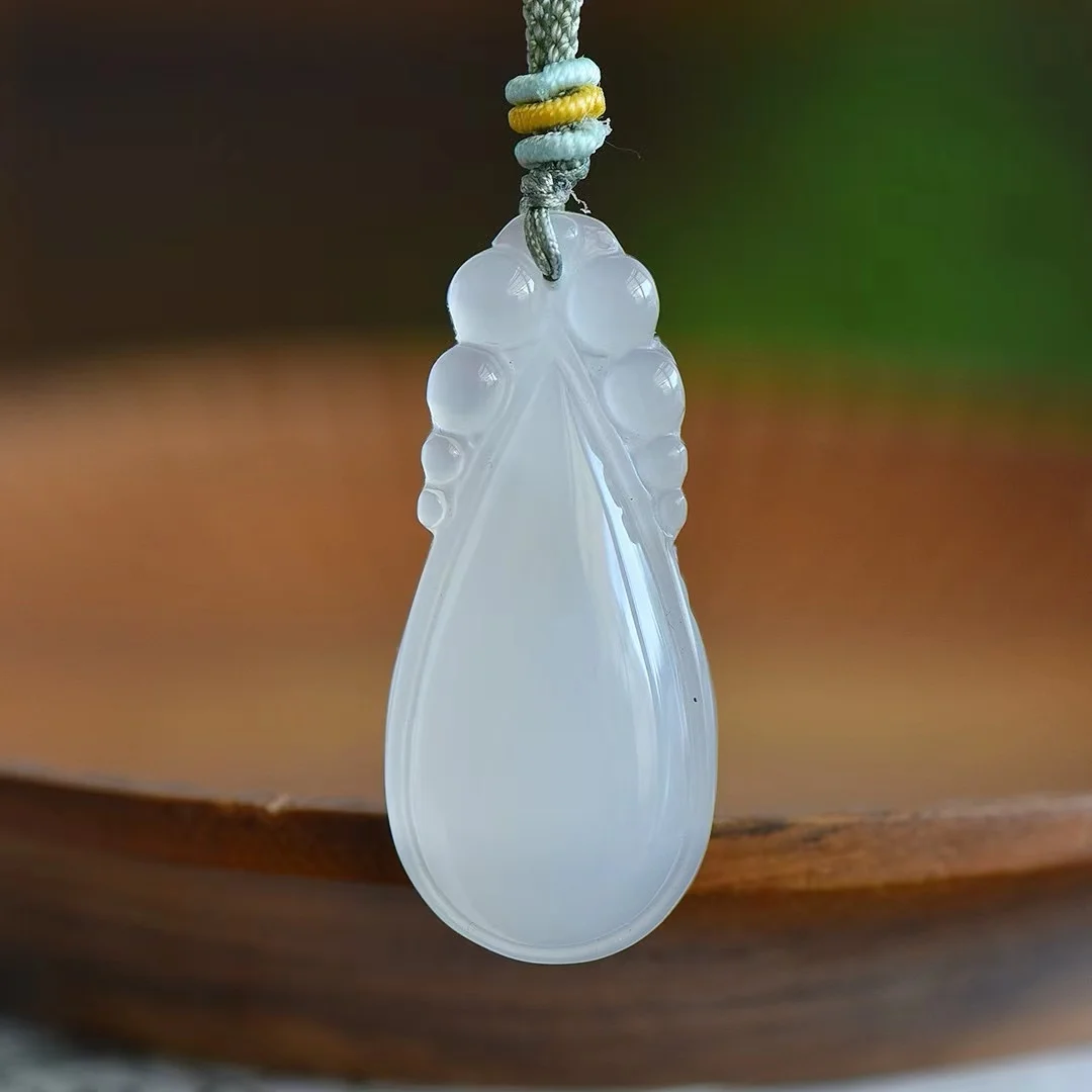 Natural 100% real Ice translucent chalcedony jade pendant carved Drop necklaces pendants man woman jade jewelry Bless peace