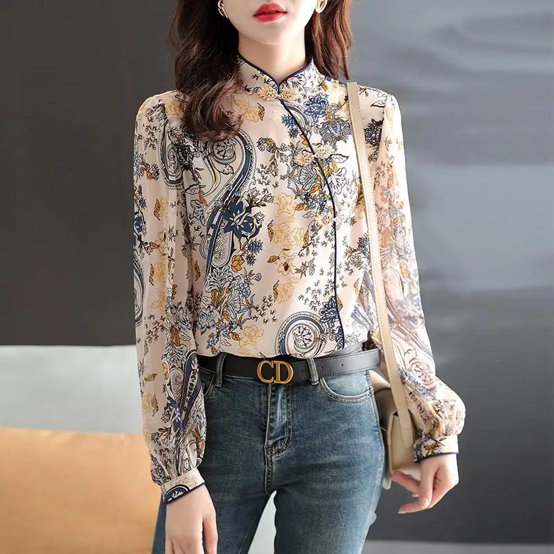 Printemps Automne Manches Longues Impression Chic Style Chinois Tendance Bouton Blouses 2023 Nouveaux Vêtements Pour Femmes Tops All-match T-Shirt