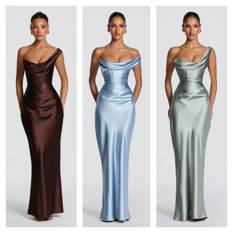 Image of Einschultriges Satin-Maxikleid mit Wasserfallausschnitt und geraffter Taille, figurbetontes Kleid für den Sommer 2026, formelles Abendkleid für Damen
