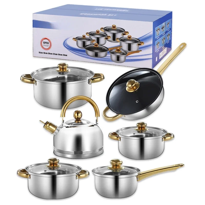 

Stainless Steel Pot 12 Piece Set Black Handle Milk Pot Soup Pot Fry Pot