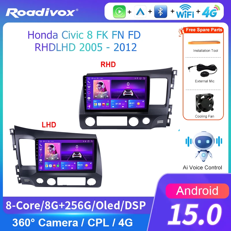 AI VOICE roadivox Android car radio for Honda Civic LHD RHD 2005 2012 stereo GPS Navigation video Multimedia Player tape
