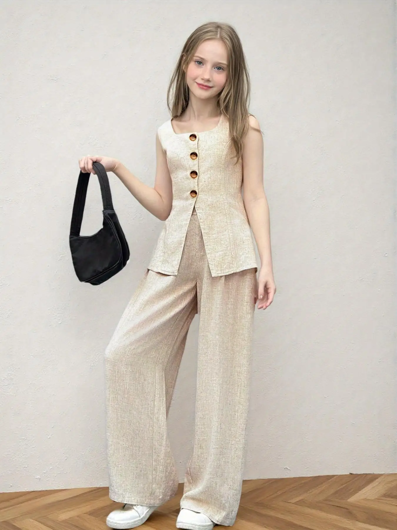 Girls' Summer and Autumn Casual Outfit: Girls' Casual Woven Sleeveless Vest Paired with Loose Long Pants Two-Piece Set Suitable for 5-13 Year Old Teenage Girls, Fashionable and Versatile Clothing
