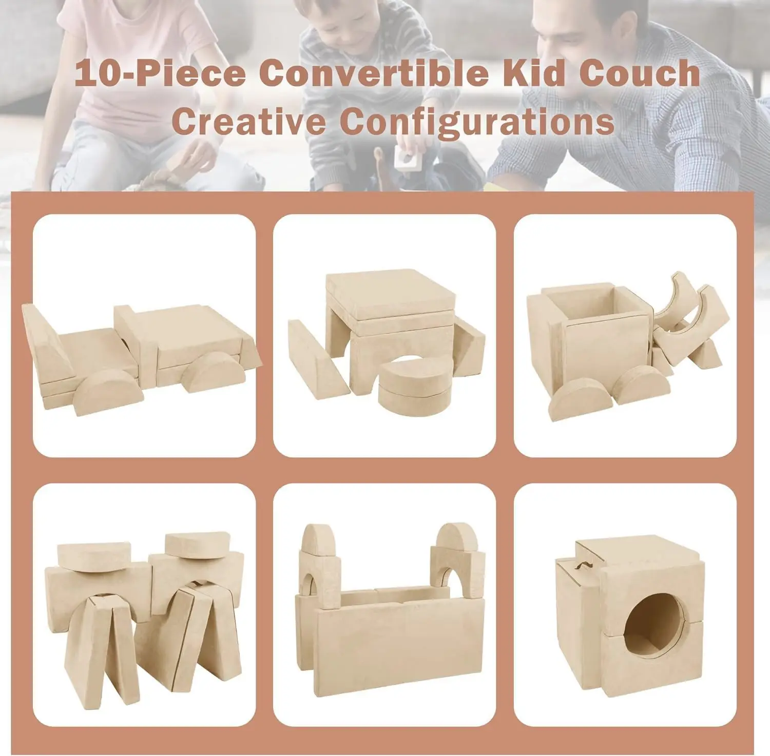 Modular Kids Play Couch, 10PCS Sectional Sofa for Creative Play, Beige