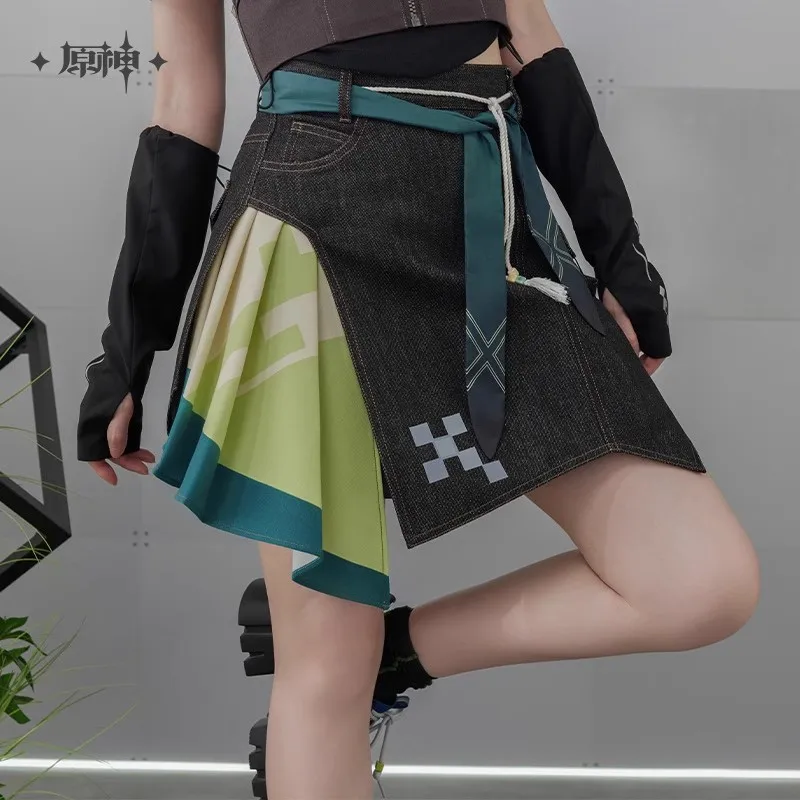 

[Genuine] miHoYo Kinich Denim Skirt Genshin Impact Kinich Theme lrregular Patchwork Denim Short Skirt Clothing Cosplay Xmas Gift